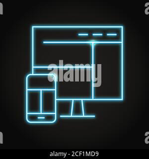 Responsive design icon in neon line style. Computer monitor and mobile phone with adaptive web site layout. Vector illustration. Stock Vector