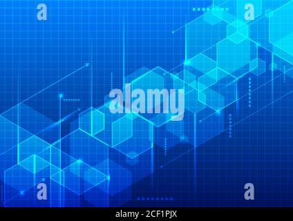 Abstract technology digital futuristic concept blue geometric 3D hexagons with lines on grid background. You can use for banner web design, brochure t Stock Vector