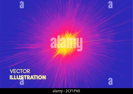 Background with explosion. Starburst dynamic lines. Solar or starlight emission. 3d futuristic technology style. Vector illustration. Stock Vector