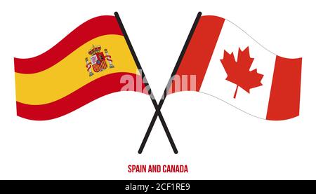 Spain and Canada Flags Crossed And Waving Flat Style. Official Proportion. Correct Colors. Stock Vector