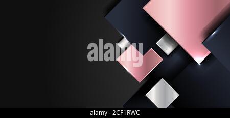 Abstract geometric square shape shiny pink gold, silver, dark blue color overlapping with shadow on black background. Luxury style. Vector illustratio Stock Vector