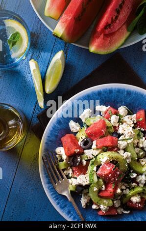 Watermelon feta cucumber olive summer salad Stock Photo