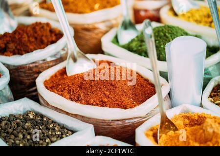 Close View Of Masala Curry, Bright Colors Fragrant Seasoning, Condiment In Bags On Local Food Market, Bazaar.