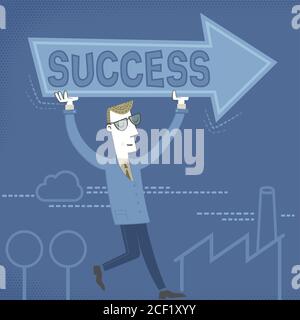 Retro style illustration of a businessman holding an arrow on his head. Within the arrow is written the word success. Stock Vector
