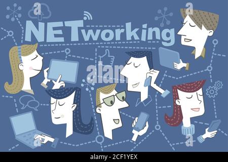 Retro style illustration of several people networked through their mobile devices. Stock Vector