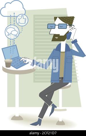 Retro style illustration of a young hipster drinking coffee while talking on the phone and working with her laptop. Stock Vector