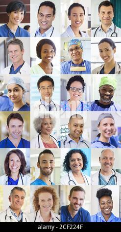 Portrait smiling doctors and nurses video conferencing on screen Stock Photo