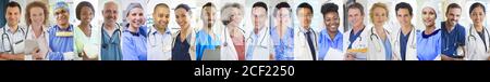 Portrait smiling doctors and nurses video conferencing on screen Stock Photo