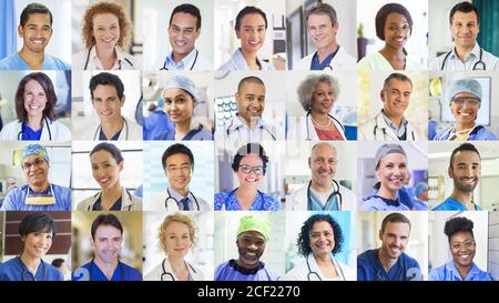 Portrait smiling doctors and nurses video conferencing on screen Stock Photo