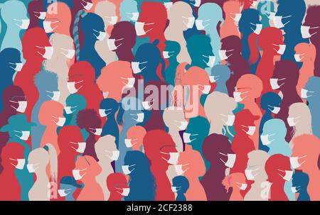 Crowd group of diversity people silhouette in profile wearing white medical face masks. Coronavirus or pollution protection. Lockdown. Quarantine Stock Vector