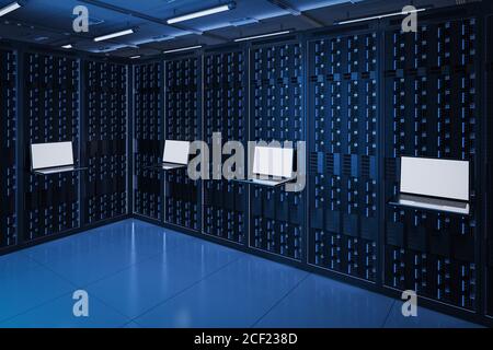 3d rendering empty screen computer notebook in server room Stock Photo