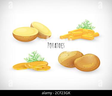 Potatoes set, whole, half, unpeeled, fried, homemade chips, dill twig in flat style. Vegetable organic eco bio farm product. Lettering Potatoes. Potato vegetable image. Vector illustration . Stock Vector