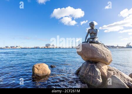 View of the Little mermaid statue in Copenhagen Denmark.