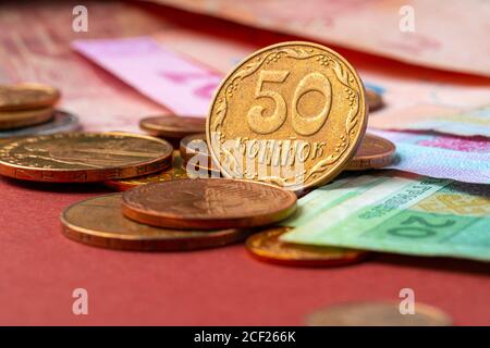 Ukrainian money. Denomination of new and withdrawal of old coins and banknotes concept Stock Photo