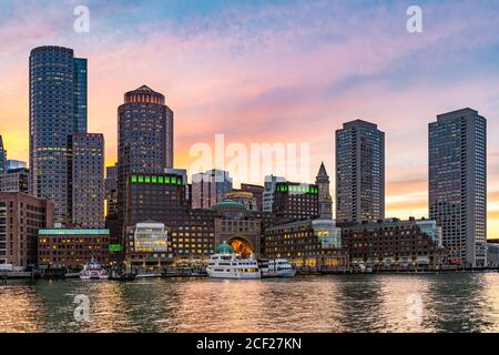 Boston Downtown skylines building cityscape sunset at Boston city, MA, USA.