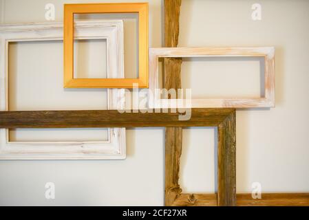 Set of empty picture frames with free space inside, isolated on light background. Stock Photo