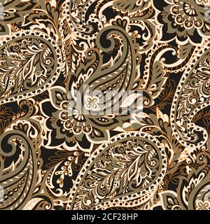 Floral seamless pattern with paisley ornament. Vector illustration in asian textile style Stock Vector