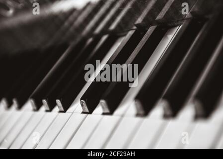 Piano keyboards. Selective focus. Black and white photography Stock Photo