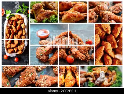 Food collage, food banner, cover for menu. Fried chicken wings in sesame seeds. Nuggets, close-up. Stock Photo