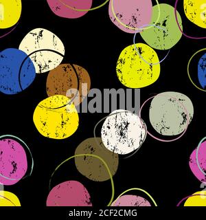 seamless background pattern, with circles/dots, strokes and splashes, grungy, on black Stock Vector