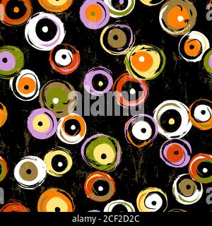 seamless background pattern, with circles/dots, strokes and splashes, on black Stock Vector