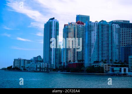 Buildings next to the Miami South Channel in Brickell Miami, Florida, Skyline of Brickell near the the Miami South Channel, Buildings on Brickell Ave Stock Photo