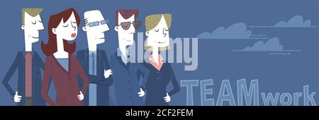 Retro style illustration of several people who form a teamwork. Stock Vector