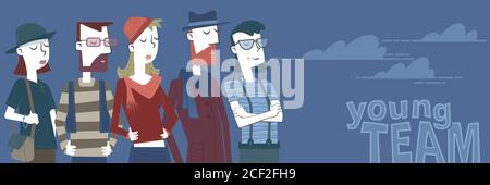 Retro style illustration of several young people with hipster look that form a team. Stock Vector
