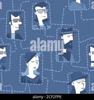 Retro style illustration of several young people with hipster look networked. Stock Vector