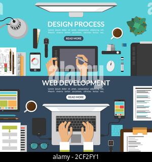 Web and graphic design process and web development concept background banners set in flat style. Top view of a desktop. Vector illustration Stock Photo