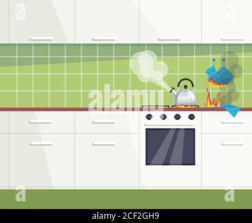 Kitchen ordinary accidents semi flat vector illustration. Forgotten teapot on turning on stove. Boiling and loud whistling kettle. Burning potholders Stock Vector