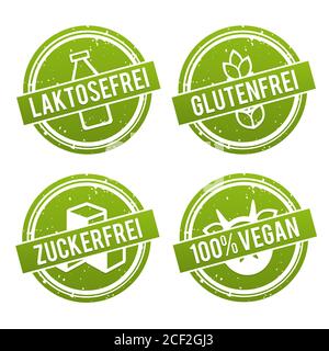 Vektor Symbole Vegan, Glutenfrei, Laktosefrei und Zuckerfrei. Stock Photo