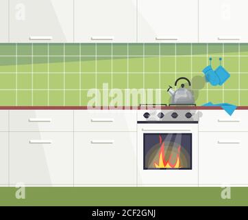 Kitchen on fire semi flat vector illustration. Raging fire in oven. Smoke over kitchen table. Forgotten kettle. Abandoned kitchen duties. Fire threat Stock Vector