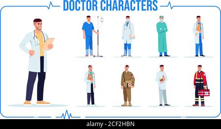 Caucasian doctor semi flat RGB color vector illustration set. Combat medic. Veterinarian. Infectious disease doctor. Herbal medicine specialist. Isola Stock Vector