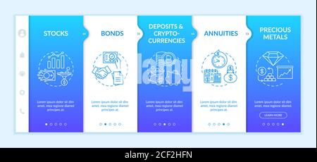 Investment types onboarding vector template. Stocks, bonds, cryprocurrency and precious metals. Responsive mobile website with icons. Webpage walkthro Stock Vector