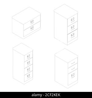 Set with outline office filing cabinets. Isometric view. Vector illustration Stock Vector
