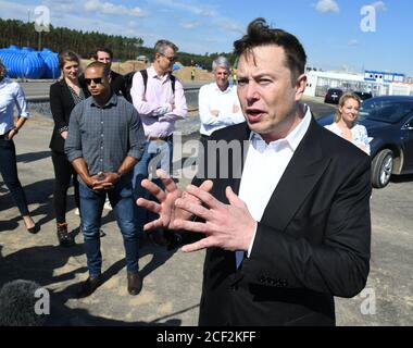 03 September 2020, Brandenburg, Grünheide: Elon Musk, head of Tesla, speaks to media representatives at the Tesla Gigafactory construction site In Grünheide near Berlin, a maximum of 500,000 vehicles per year are to roll off the assembly line from July 2021 - and according to the car manufacturer's plans, the maximum is to be reached as quickly as possible. Photo: Julian Stähle/dpa-Zentralbild/dpa Stock Photo