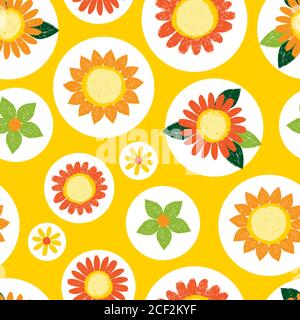 Vector colorful yellow polka dots with textured sunflowers pen sketch repeat pattern. Suitable for textile, gift wrap and wallpaper. Stock Vector