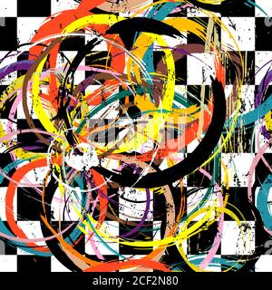 seamless background pattern, with circles, paint strokes and splashes, on black and white Stock Vector