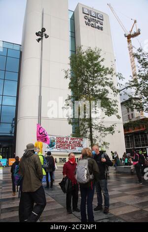 Cardiff, Wales, UK. 3rd Sep 2020. Extinction rebellion protestors outside the BBC on the third day of actions in Cardiff, 3rd September 2020. Protesters urge the BBC to tell the truth Credit: Denise Laura Baker/Alamy Live News