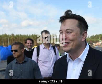 03 September 2020, Brandenburg, Grünheide: Elon Musk, head of Tesla, speaks to media representatives at the Tesla Gigafactory construction site In Grünheide near Berlin, a maximum of 500,000 vehicles per year are to roll off the assembly line from July 2021 - and according to the car manufacturer's plans, the maximum is to be reached as quickly as possible. Photo: Julian Stähle/dpa-Zentralbild/dpa Stock Photo