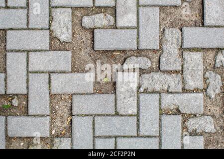 pavement with broken broken tiles. beautiful brick background with, masonry texture of light gray bricks. outdoor closeup Stock Photo