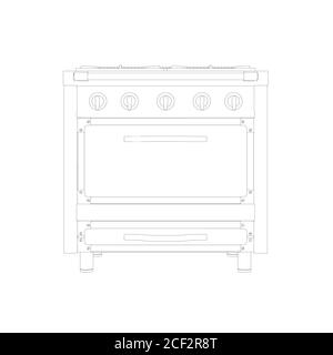 Contour of a gas stove from black lines isolated on a white background. Front view. Vector illustration Stock Vector