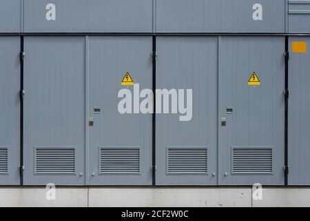Electric control high voltage relay house. Electrical relay cabin controller for control high voltage system substation for building. Stock Photo