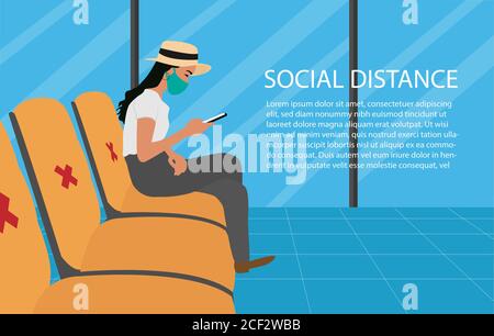 Social distancing concept. People maintaining distance to be safe from corona virus spread. A young lady waiting and using mobile. Stock Photo