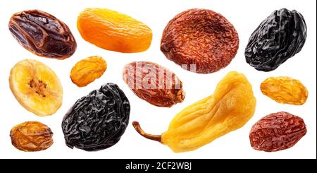 Collection of dried fruits isolated on white background Stock Photo