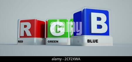 3D rendering of boxes with basic print colors Red, green and  blue known as RGB Stock Photo