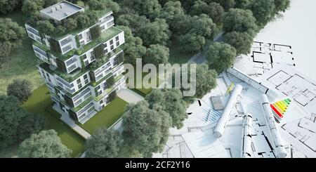 3D rendering of a sustainable modern apartment building with blueprints ...