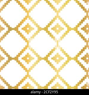 Gold foil Abstract seamless vector pattern with golden ikat rhombus shapes on white. Geometric repeating background faux metallic foil texture. Stock Vector
