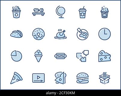 Set of Foods, Drinks Related Vector Line Icons. Contains such Icons as Pizza, Fries, Egg, Meat, Sushi, Chicken, Hamburger, Ice Cream, Donut, Soup Stock Vector